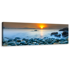 Load image into Gallery viewer, Stony Beach Canvas Wall Art, Quy Nhon Bay Blue Ocean Canvas Artwork, Vietnam Orange Sunrise Ocean Sky Panoramic Canvas Print
