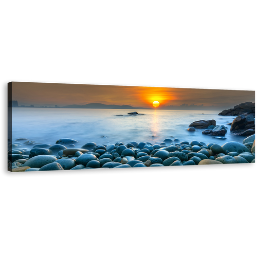 Stony Beach Canvas Wall Art, Quy Nhon Bay Blue Ocean Canvas Artwork, Vietnam Orange Sunrise Ocean Sky Panoramic Canvas Print