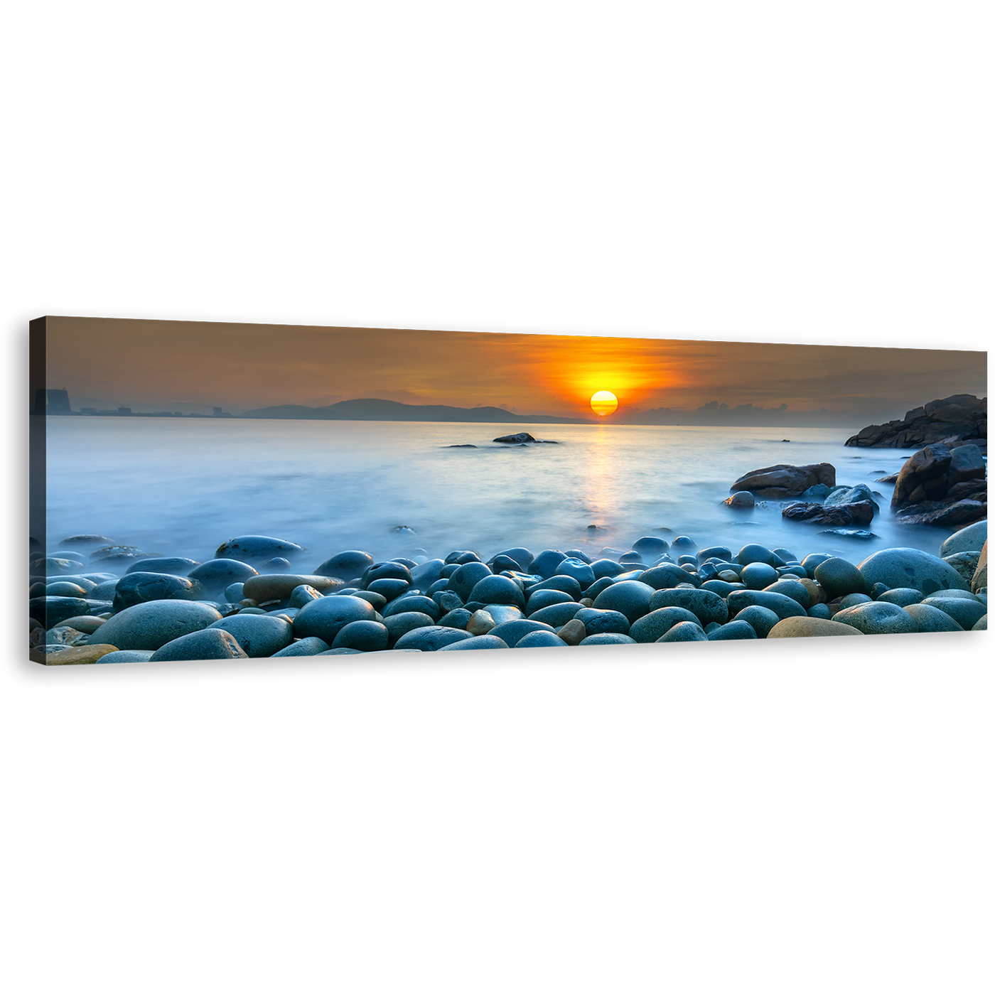 Stony Beach Canvas Wall Art, Quy Nhon Bay Blue Ocean Canvas Artwork, Vietnam Orange Sunrise Ocean Sky Panoramic Canvas Print