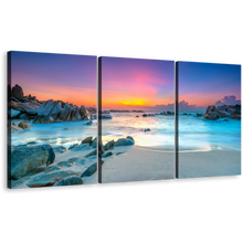 Load image into Gallery viewer, Stony Beach Canvas Wall Art, Yellow Sky Ocean Rocks Sea 3 Piece Canvas Print, Blue Ocean Water Triptych Multi Canvas
