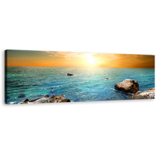 Load image into Gallery viewer, Stony Beach Canvas Wall Art, Yellow Sky Sunrise Panorama Canvas Print, Blue Sea Ocean Rocks Wide Canvas
