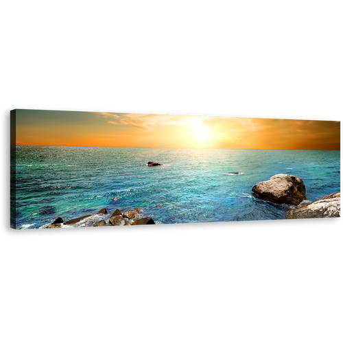 Stony Beach Canvas Wall Art, Yellow Sky Sunrise Panorama Canvas Print, Blue Sea Ocean Rocks Wide Canvas