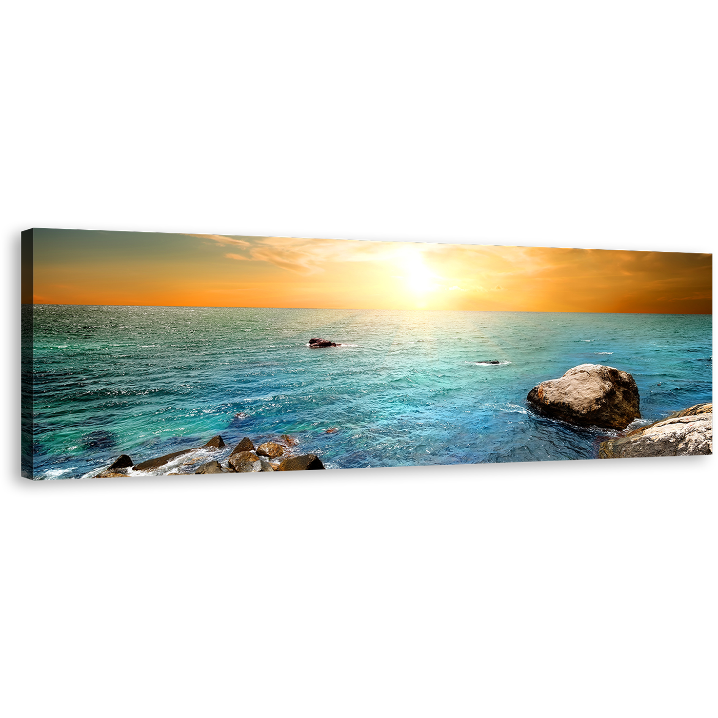 Stony Beach Canvas Wall Art, Yellow Sky Sunrise Panorama Canvas Print, Blue Sea Ocean Rocks Wide Canvas