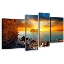 Load image into Gallery viewer, Stony Beach Wall Art, Yellow Cloudy Sunset Sky Canvas Print, Blue Sea Ocean Rocks 4 Piece Multiple Canvas
