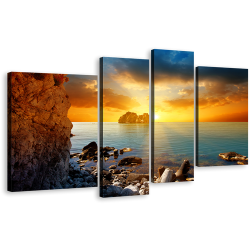 Stony Beach Wall Art, Yellow Cloudy Sunset Sky Canvas Print, Blue Sea Ocean Rocks 4 Piece Multiple Canvas