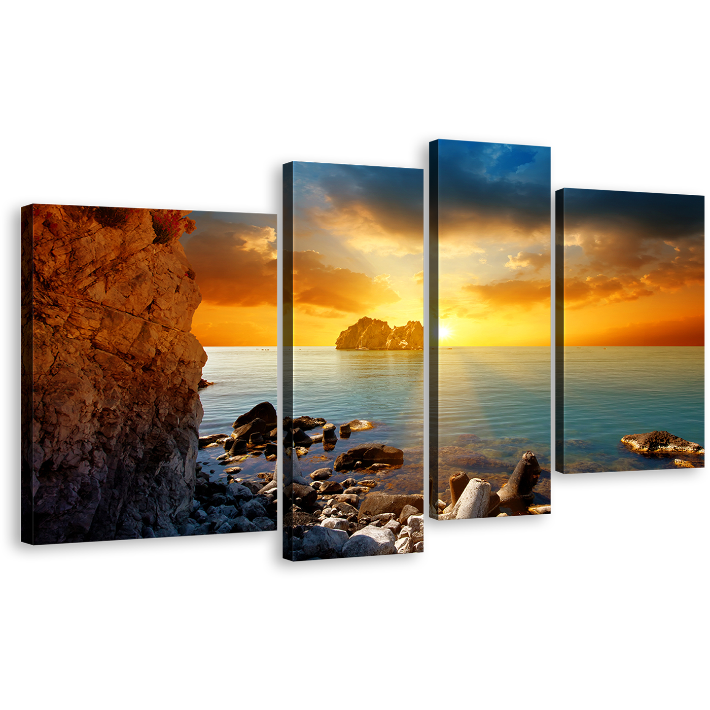 Stony Beach Wall Art, Yellow Cloudy Sunset Sky Canvas Print, Blue Sea Ocean Rocks 4 Piece Multiple Canvas