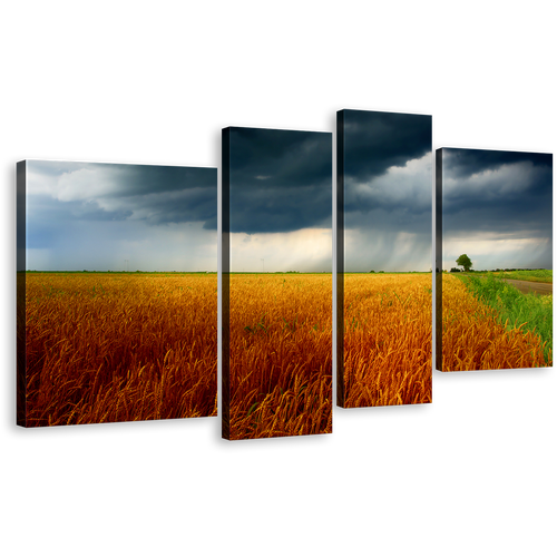 Storm Clouds Canvas Wall Art, Beautiful Grey Scenery Sky 4 Piece Canvas, Green Orange Grain Field Canvas Print