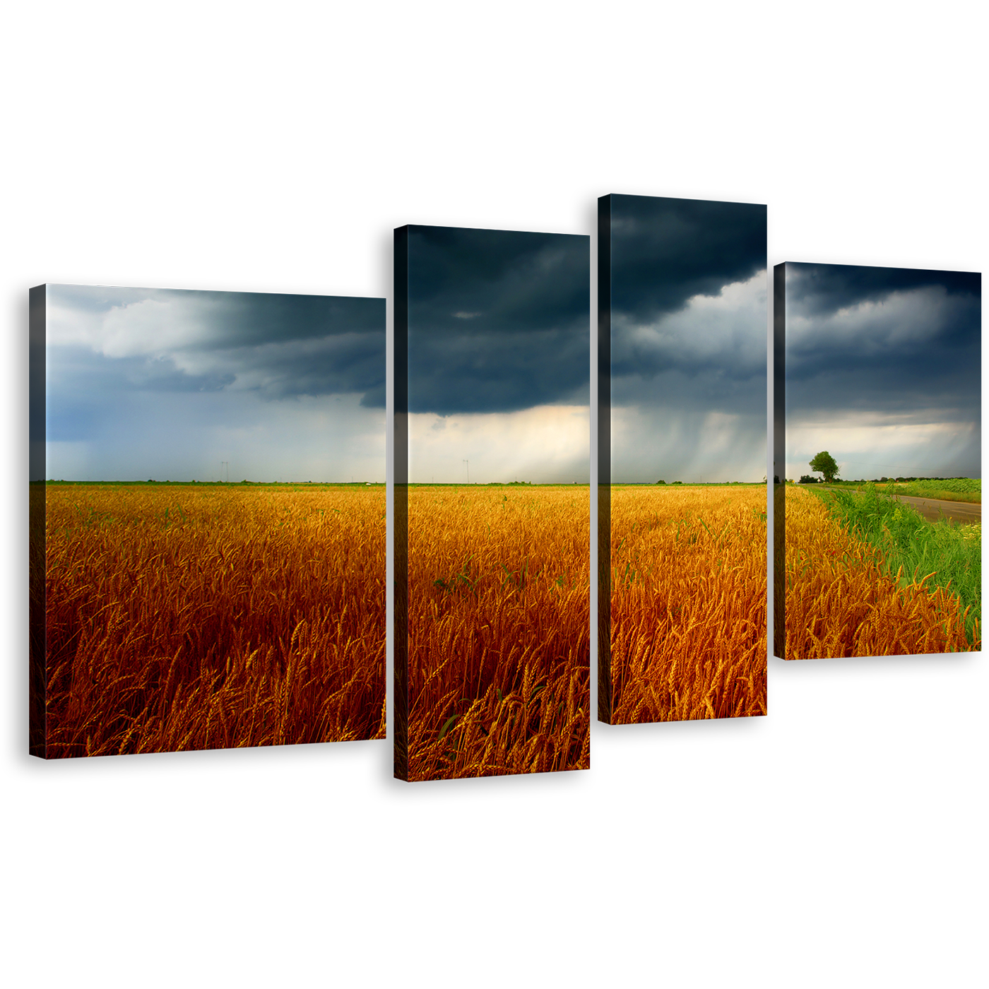 Storm Clouds Canvas Wall Art, Beautiful Grey Scenery Sky 4 Piece Canvas, Green Orange Grain Field Canvas Print