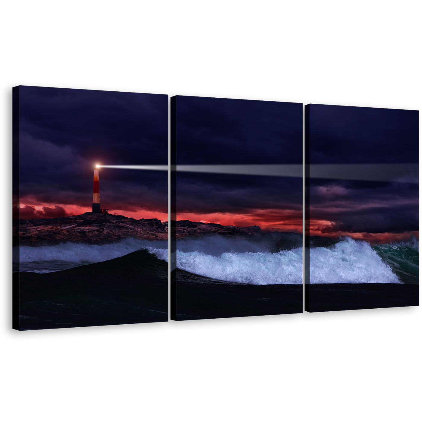 Stormwatch Beacon Wall Art, Orange Lighthouse Beam Triptych Canvas Print, Beacon Night Blue Waves Canvas Set