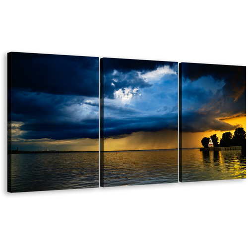 Stormy Clouds Canvas Print, Yellow Blue Ocean Sky Triptych Canvas Set, Baltic Seascape 3 Piece Canvas Wall Art