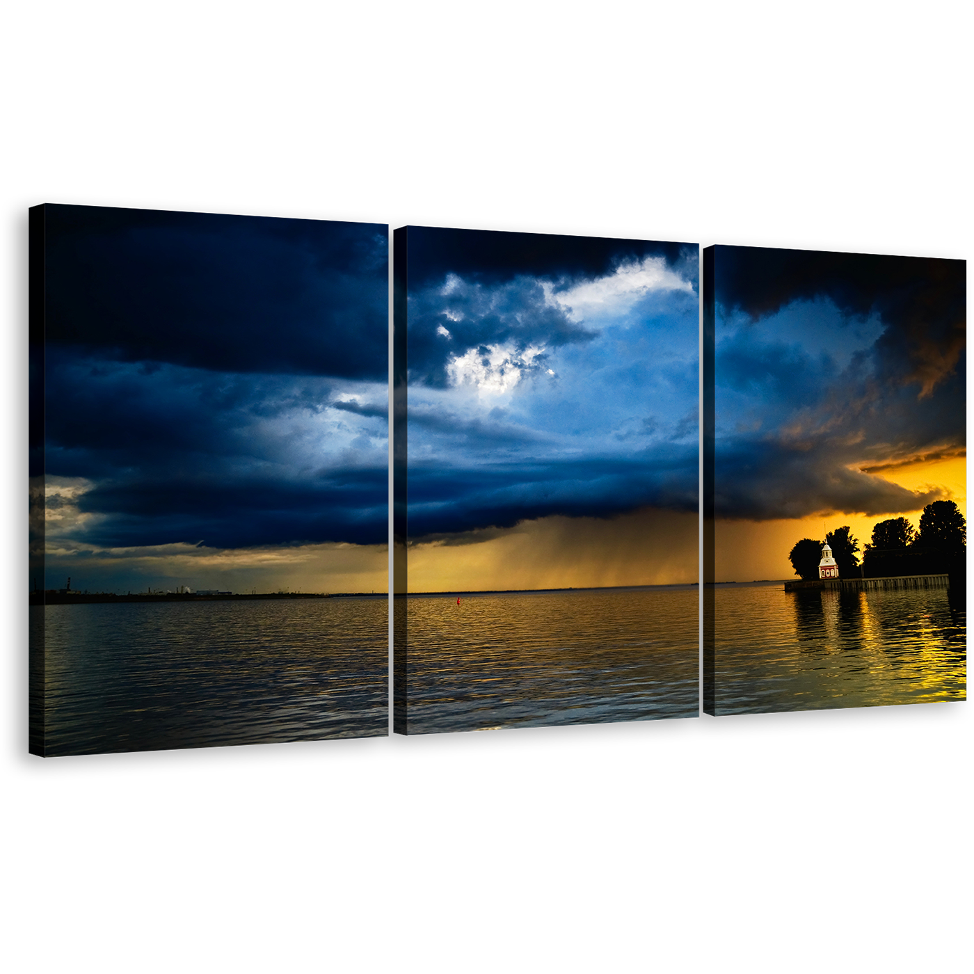 Stormy Clouds Canvas Print, Yellow Blue Ocean Sky Triptych Canvas Set, Baltic Seascape 3 Piece Canvas Wall Art