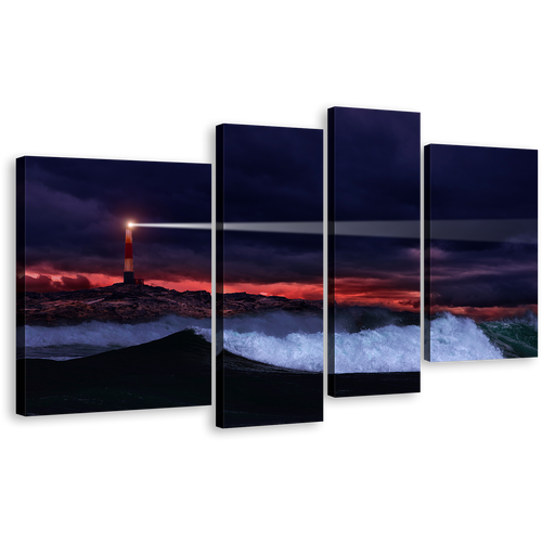 Stormy Ocean Wall Art, Orange Lighthouse Sea 4 Piece Multi Canvas, Beacon Light Night Blue Waves Canvas Print