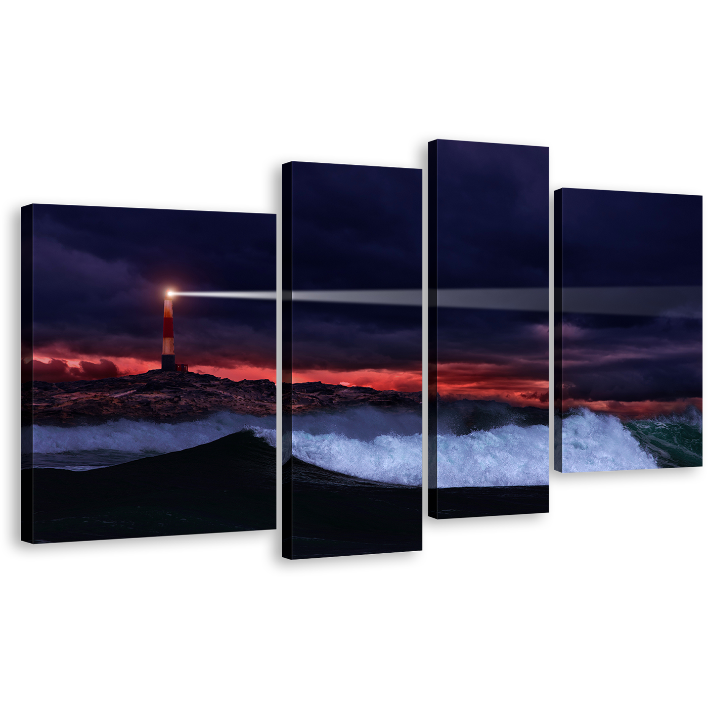 Stormy Ocean Wall Art, Orange Lighthouse Sea 4 Piece Multi Canvas, Beacon Light Night Blue Waves Canvas Print