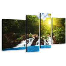 Load image into Gallery viewer, Streaming Water Canvas Print, Green Tropical Forest Waterfall 4 Piece Canvas Wall Art, Blue Water Forest Multiple Canvas
