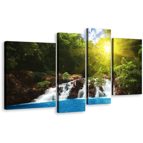 Streaming Water Canvas Print, Green Tropical Forest Waterfall 4 Piece Canvas Wall Art, Blue Water Forest Multiple Canvas