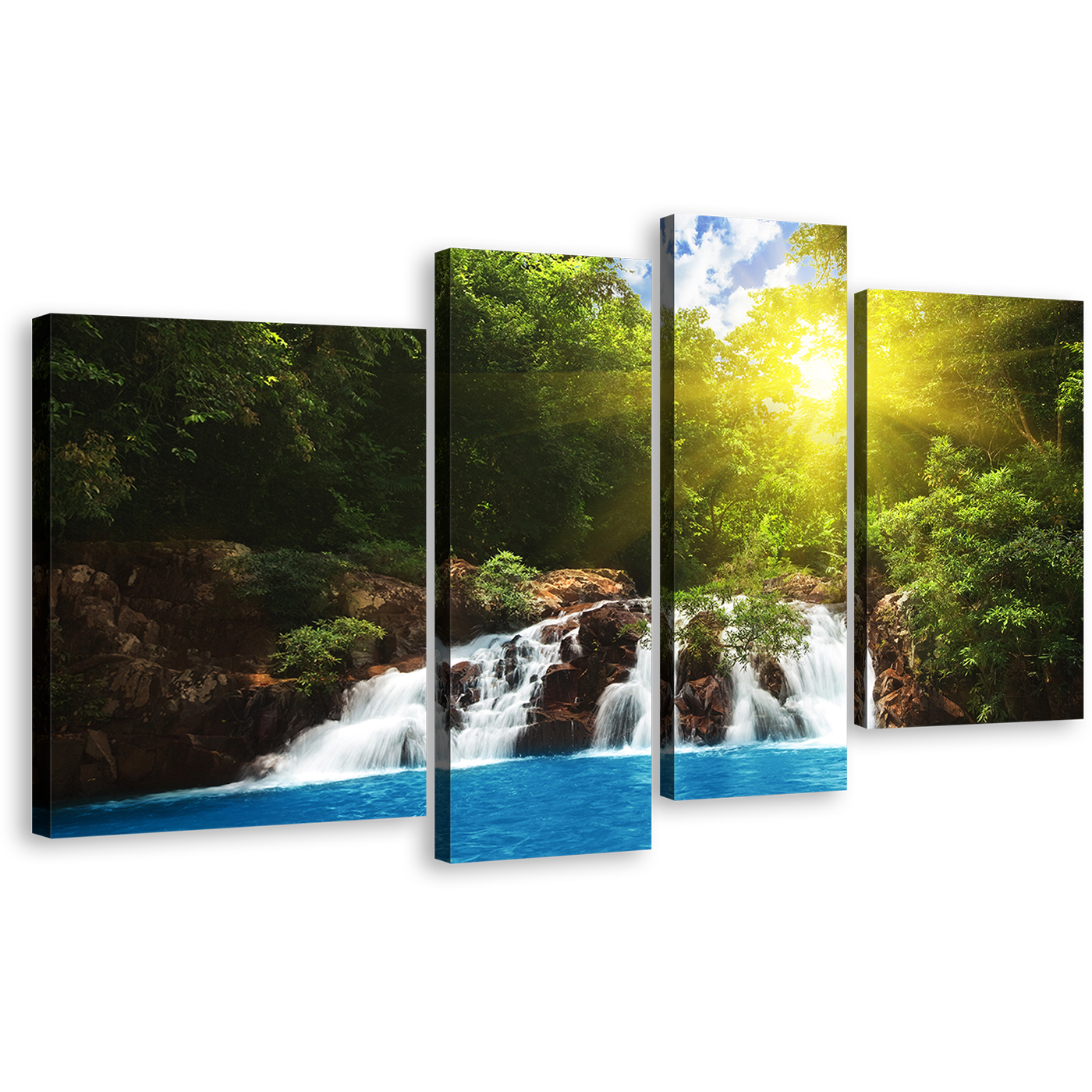 Streaming Water Canvas Print, Green Tropical Forest Waterfall 4 Piece Canvas Wall Art, Blue Water Forest Multiple Canvas