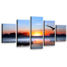 Load image into Gallery viewer, Stunning Lake Canvas Wall Art, Birds Silhouettes 5 Piece Canvas Set, Blue Sky Trees Reflection Canvas Print, Orange Sunset Lake Multi Canvas
