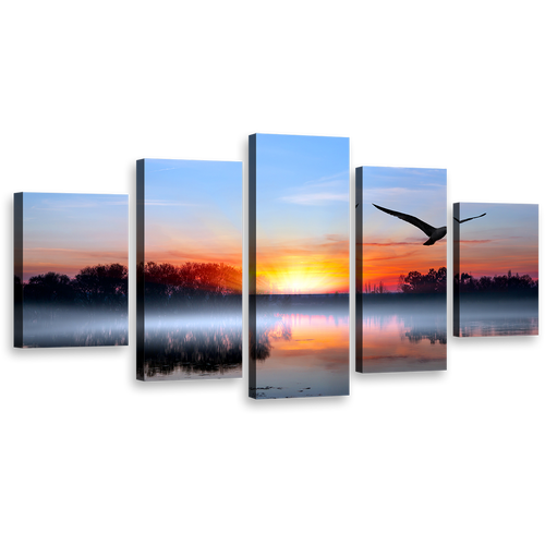 Stunning Lake Canvas Wall Art, Birds Silhouettes 5 Piece Canvas Set, Blue Sky Trees Reflection Canvas Print, Orange Sunset Lake Multi Canvas