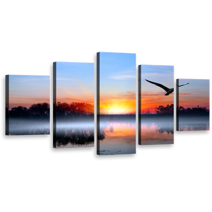 Stunning Lake Canvas Wall Art, Birds Silhouettes 5 Piece Canvas Set, Blue Sky Trees Reflection Canvas Print, Orange Sunset Lake Multi Canvas