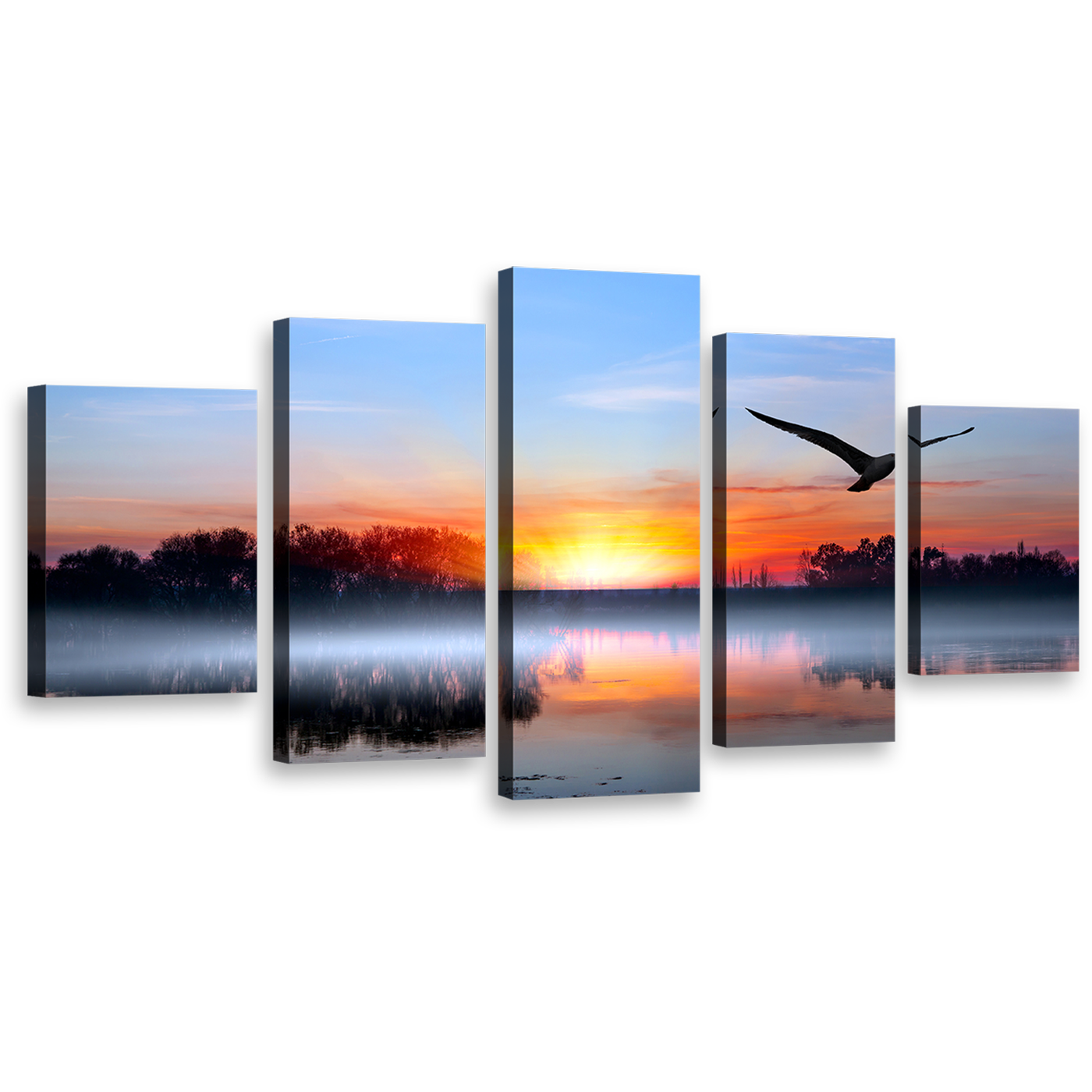 Stunning Lake Canvas Wall Art, Birds Silhouettes 5 Piece Canvas Set, Blue Sky Trees Reflection Canvas Print, Orange Sunset Lake Multi Canvas