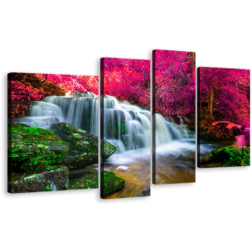 Stunning Waterfall Canvas Print, Colorful Nature Forest 4 Piece Canvas Wall Art, Beautiful Waterfall Scenery Multi Canvas Artwork