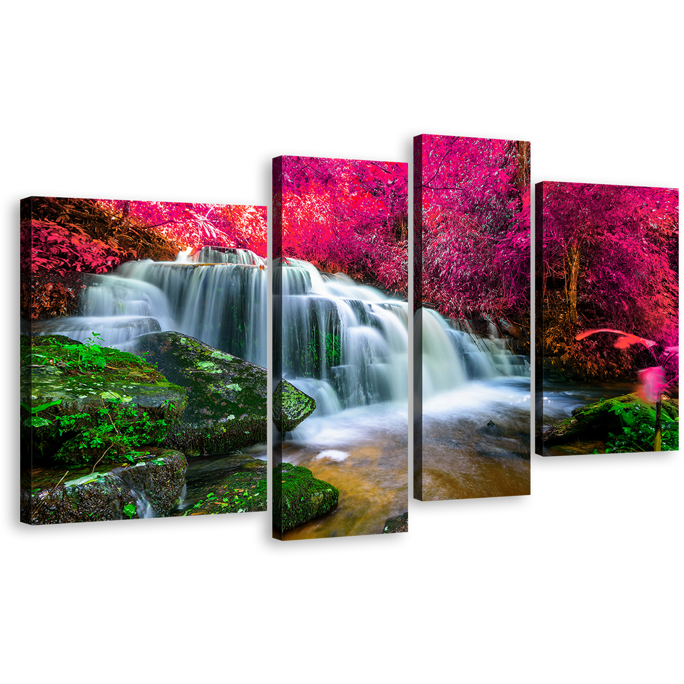 Stunning Waterfall Canvas Print, Colorful Nature Forest 4 Piece Canvas Wall Art, Beautiful Waterfall Scenery Multi Canvas Artwork