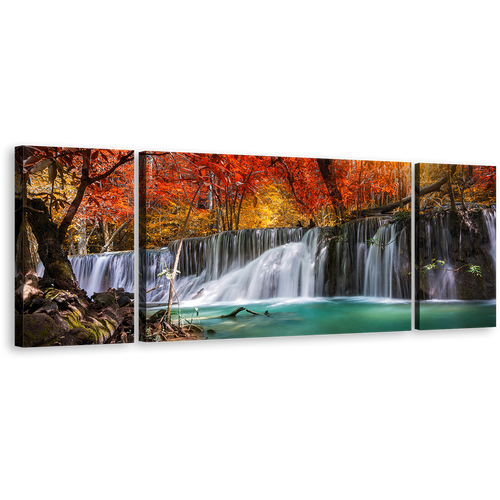 Stunning Waterfall Canvas Wall Art, Amazing Waterfall Forest Canvas Print, Colorful Waterfall Scenery 3 Piece Multi Canvas