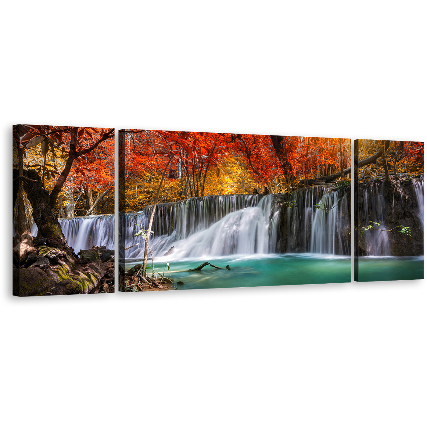 Stunning Waterfall Canvas Wall Art, Amazing Waterfall Forest Canvas Print, Colorful Waterfall Scenery 3 Piece Multi Canvas