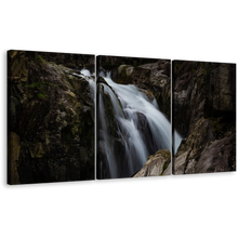 Load image into Gallery viewer, Stunning Waterfall Canvas Wall Art, Amazing White Waterfall Multi Canvas Artwork, Beautiful Brown Mountain Waterfall 3 Piece Canvas Print
