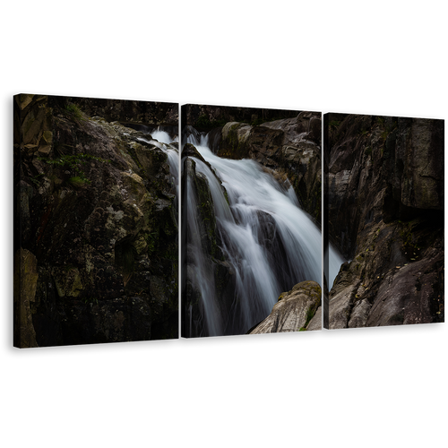 Stunning Waterfall Canvas Wall Art, Amazing White Waterfall Multi Canvas Artwork, Beautiful Brown Mountain Waterfall 3 Piece Canvas Print