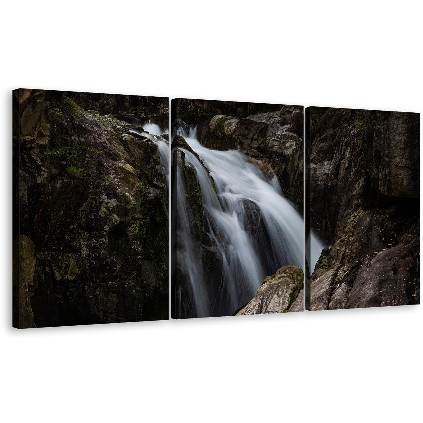 Stunning Waterfall Canvas Wall Art, Amazing White Waterfall Multi Canvas Artwork, Beautiful Brown Mountain Waterfall 3 Piece Canvas Print