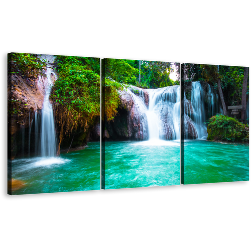 Stunning Waterfall Canvas Wall Art, Beautiful Green Waterfall in Nature 3 Piece Canvas Set, Thailand White Than Sawan Waterfall Triptych Canvas Print