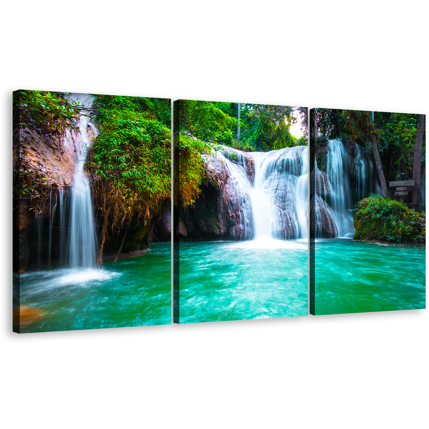 Stunning Waterfall Canvas Wall Art, Beautiful Green Waterfall in Nature 3 Piece Canvas Set, Thailand White Than Sawan Waterfall Triptych Canvas Print