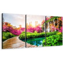 Load image into Gallery viewer, Stunning Waterfall Canvas Wall Art, Lakes National Park 3 Piece Canvas, Colorful  Waterfall Landscape Nature Canvas Print, Path Trail Paradise Canvas Set
