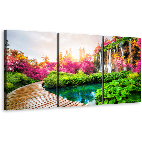 Stunning Waterfall Canvas Wall Art, Lakes National Park 3 Piece Canvas, Colorful  Waterfall Landscape Nature Canvas Print, Path Trail Paradise Canvas Set