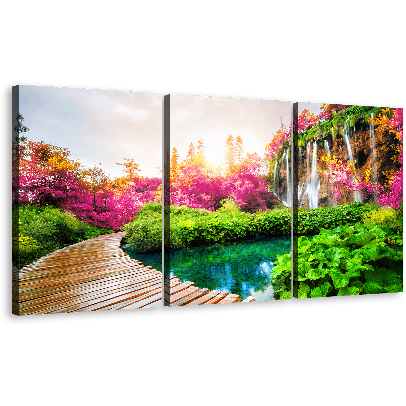 Stunning Waterfall Canvas Wall Art, Lakes National Park 3 Piece Canvas, Colorful  Waterfall Landscape Nature Canvas Print, Path Trail Paradise Canvas Set