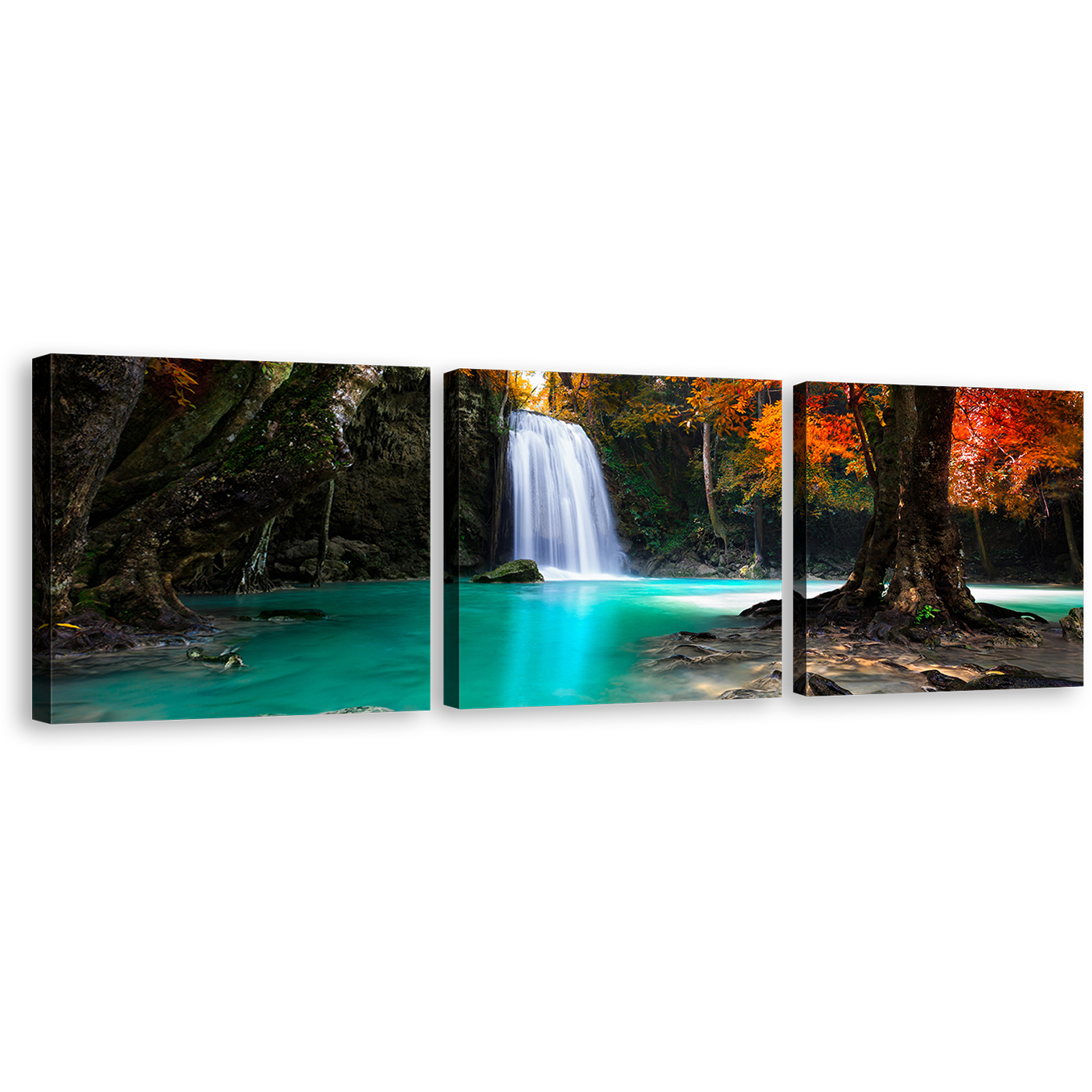 Stunning Waterfall Canvas Wall Art, Red Green Trees Sun Waterfall Canvas Print, Waterfall Scenic 3 Piece Multiple Canvas