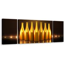 Load image into Gallery viewer, Stylish Bottles Wall Art, Bright Dark Brown Background 3 Piece Canvas Set, Gold Champagne Bottles Canvas Print
