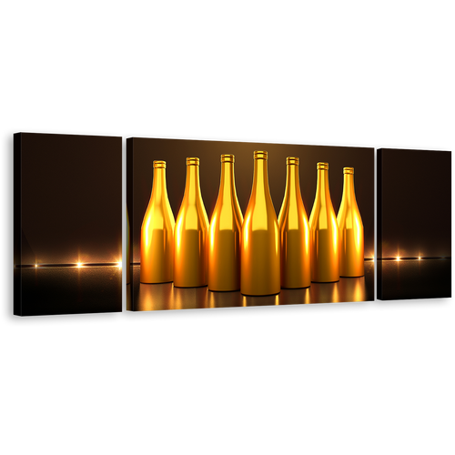 Stylish Bottles Wall Art, Bright Dark Brown Background 3 Piece Canvas Set, Gold Champagne Bottles Canvas Print