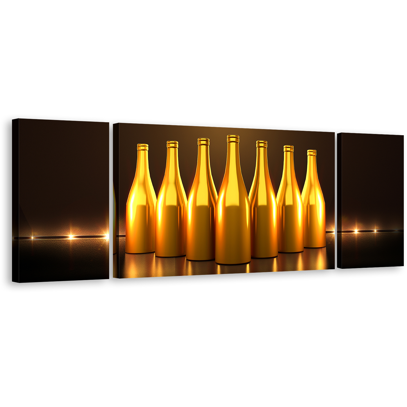 Stylish Bottles Wall Art, Bright Dark Brown Background 3 Piece Canvas Set, Gold Champagne Bottles Canvas Print