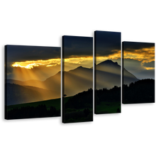 Load image into Gallery viewer, Sunrays Scenery Canvas Wall Art, Beautiful Black Mountain Landscape Canvas Print, Magical Yellow Sunset 4 Piece Canvas Set
