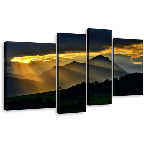 Sunrays Scenery Canvas Wall Art, Beautiful Black Mountain Landscape Canvas Print, Magical Yellow Sunset 4 Piece Canvas Set