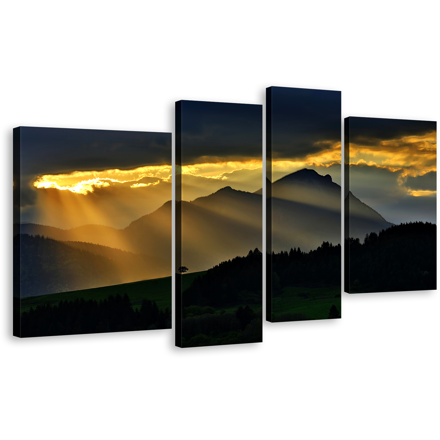 Sunrays Scenery Canvas Wall Art, Beautiful Black Mountain Landscape Canvas Print, Magical Yellow Sunset 4 Piece Canvas Set