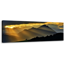 Load image into Gallery viewer, Sunrays Scenery Canvas Wall Art, Beautiful Black Mountain Landscape Panoramic Canvas, Magical Yellow Sunset 1 Piece Canvas Print
