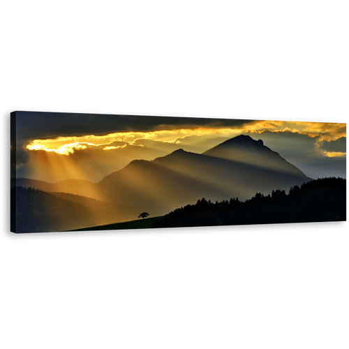 Sunrays Scenery Canvas Wall Art, Beautiful Black Mountain Landscape Panoramic Canvas, Magical Yellow Sunset 1 Piece Canvas Print