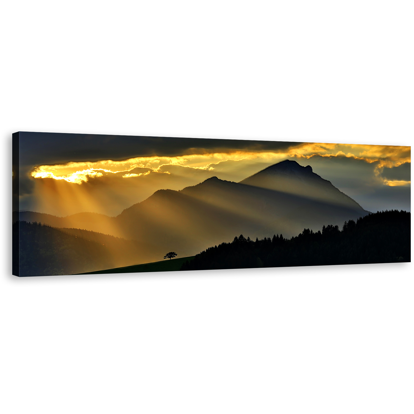 Sunrays Scenery Canvas Wall Art, Beautiful Black Mountain Landscape Panoramic Canvas, Magical Yellow Sunset 1 Piece Canvas Print