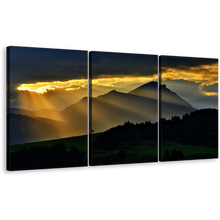 Load image into Gallery viewer, Sunrays Scenery Canvas Wall Art, Magical Yellow Sunset 3 Piece Multiple Canvas, Beautiful Black Mountain Landscape Triptych Canvas Print
