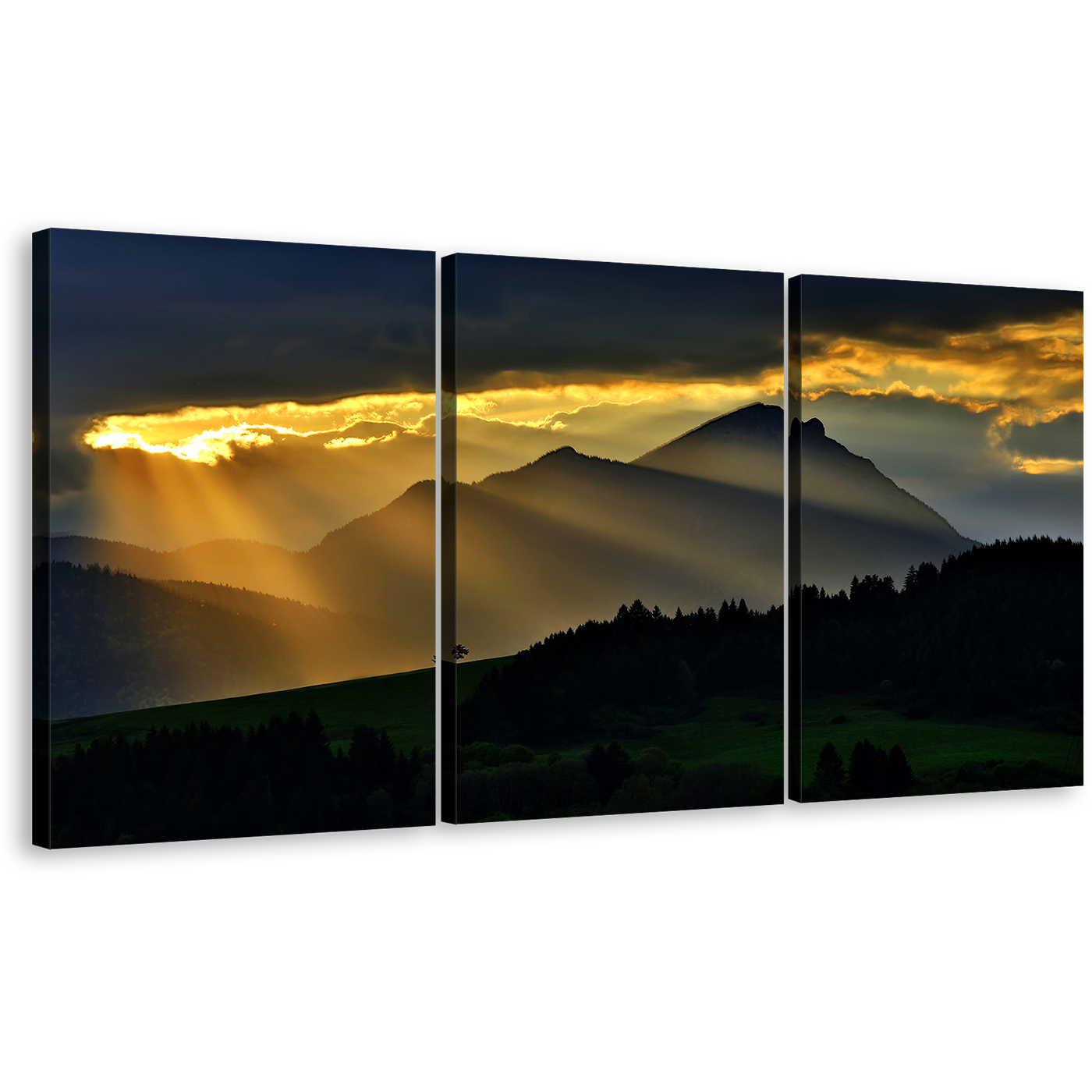 Sunrays Scenery Canvas Wall Art, Magical Yellow Sunset 3 Piece Multiple Canvas, Beautiful Black Mountain Landscape Triptych Canvas Print