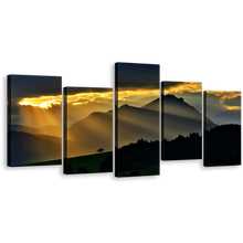 Load image into Gallery viewer, Sunrays Scenery Canvas Wall Art, Magical Yellow Sunset 5 Piece Canvas Set, Beautiful Black Mountain Landscape Canvas Print
