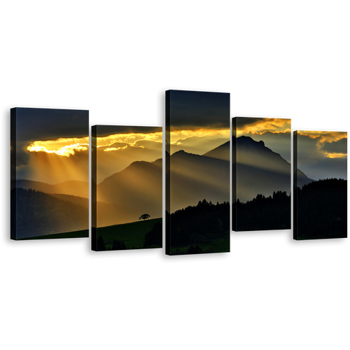 Sunrays Scenery Canvas Wall Art, Magical Yellow Sunset 5 Piece Canvas Set, Beautiful Black Mountain Landscape Canvas Print